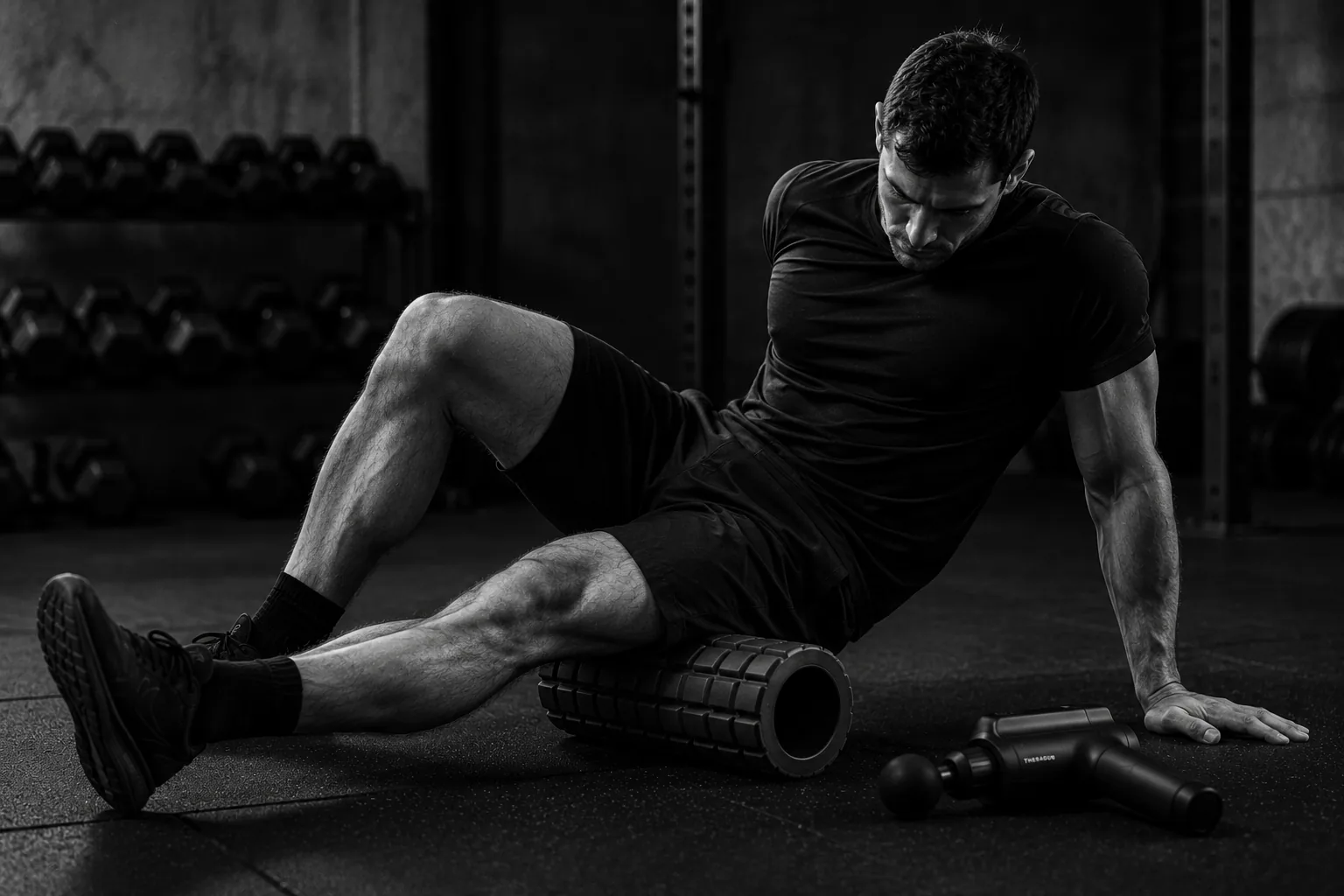 Athlete using a foam roller with a percussion gun nearby